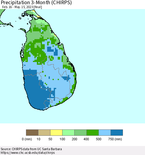 Sri Lanka Precipitation 3-Month (CHIRPS) Thematic Map For 2/16/2023 - 5/15/2023