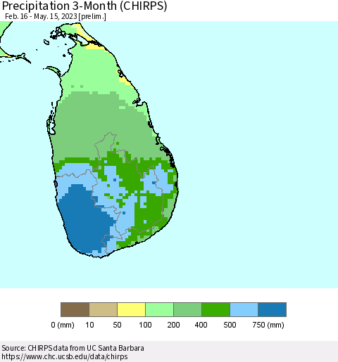 Sri Lanka Precipitation 3-Month (CHIRPS) Thematic Map For 2/16/2023 - 5/15/2023