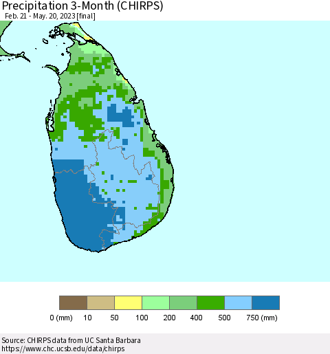 Sri Lanka Precipitation 3-Month (CHIRPS) Thematic Map For 2/21/2023 - 5/20/2023