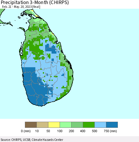 Sri Lanka Precipitation 3-Month (CHIRPS) Thematic Map For 2/21/2023 - 5/20/2023