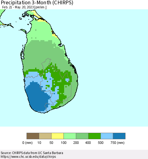 Sri Lanka Precipitation 3-Month (CHIRPS) Thematic Map For 2/21/2023 - 5/20/2023
