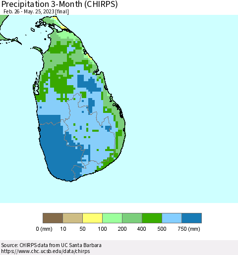 Sri Lanka Precipitation 3-Month (CHIRPS) Thematic Map For 2/26/2023 - 5/25/2023