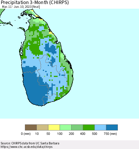 Sri Lanka Precipitation 3-Month (CHIRPS) Thematic Map For 3/11/2023 - 6/10/2023