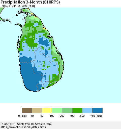 Sri Lanka Precipitation 3-Month (CHIRPS) Thematic Map For 3/16/2023 - 6/15/2023