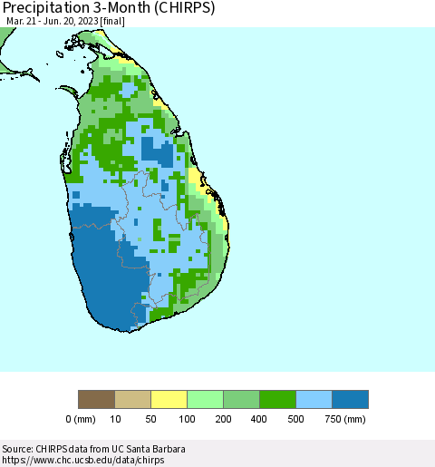 Sri Lanka Precipitation 3-Month (CHIRPS) Thematic Map For 3/21/2023 - 6/20/2023