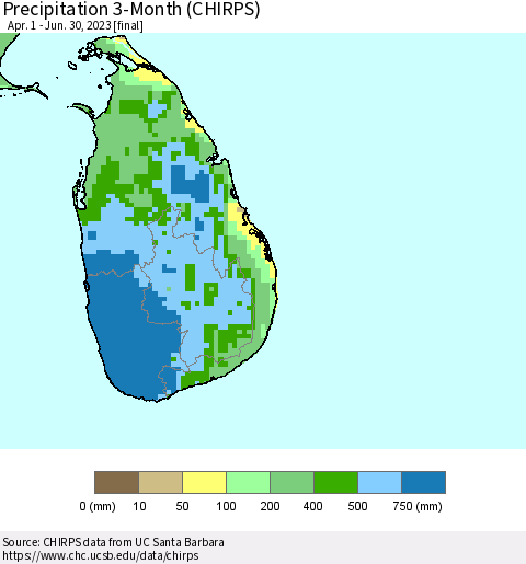 Sri Lanka Precipitation 3-Month (CHIRPS) Thematic Map For 4/1/2023 - 6/30/2023