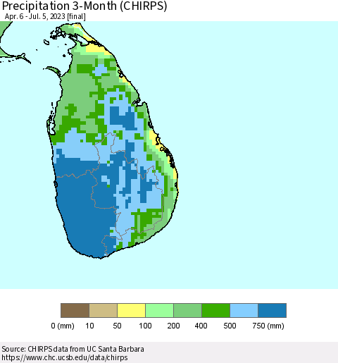 Sri Lanka Precipitation 3-Month (CHIRPS) Thematic Map For 4/6/2023 - 7/5/2023