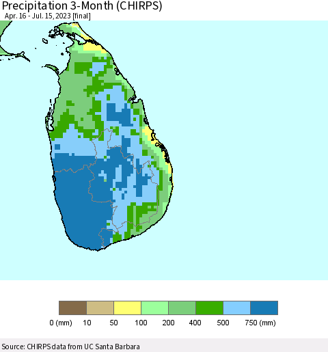 Sri Lanka Precipitation 3-Month (CHIRPS) Thematic Map For 4/16/2023 - 7/15/2023