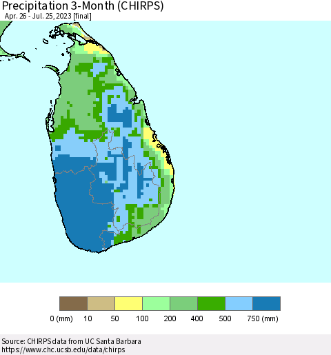 Sri Lanka Precipitation 3-Month (CHIRPS) Thematic Map For 4/26/2023 - 7/25/2023