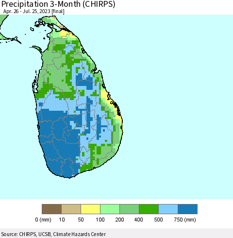 Sri Lanka Precipitation 3-Month (CHIRPS) Thematic Map For 4/26/2023 - 7/25/2023