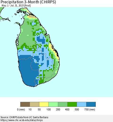 Sri Lanka Precipitation 3-Month (CHIRPS) Thematic Map For 5/1/2023 - 7/31/2023