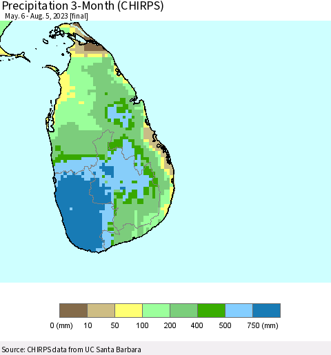 Sri Lanka Precipitation 3-Month (CHIRPS) Thematic Map For 5/6/2023 - 8/5/2023