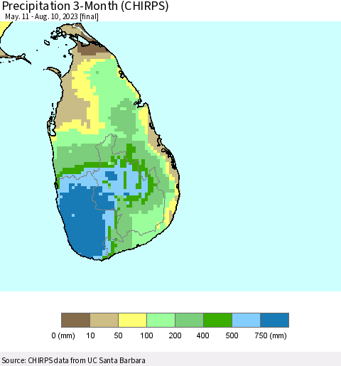 Sri Lanka Precipitation 3-Month (CHIRPS) Thematic Map For 5/11/2023 - 8/10/2023