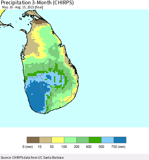 Sri Lanka Precipitation 3-Month (CHIRPS) Thematic Map For 5/16/2023 - 8/15/2023