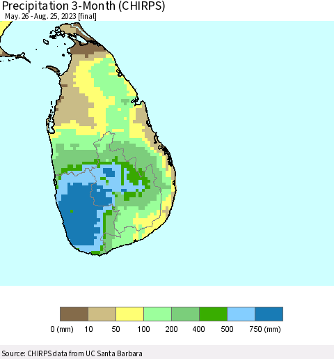 Sri Lanka Precipitation 3-Month (CHIRPS) Thematic Map For 5/26/2023 - 8/25/2023