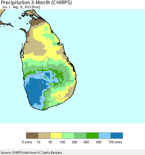 Sri Lanka Precipitation 3-Month (CHIRPS) Thematic Map For 6/1/2023 - 8/31/2023