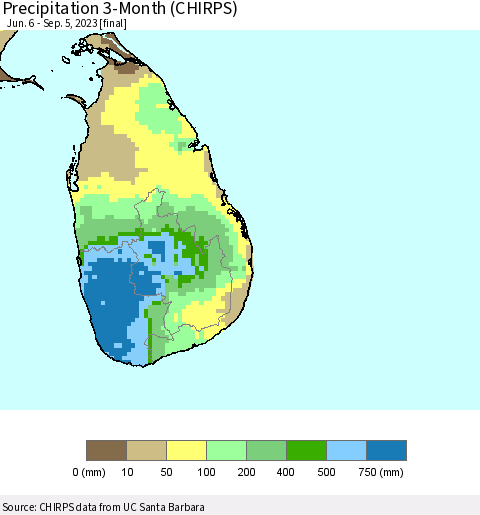 Sri Lanka Precipitation 3-Month (CHIRPS) Thematic Map For 6/6/2023 - 9/5/2023