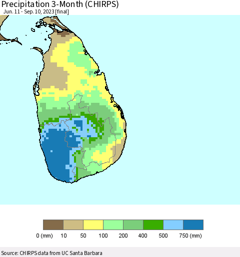 Sri Lanka Precipitation 3-Month (CHIRPS) Thematic Map For 6/11/2023 - 9/10/2023
