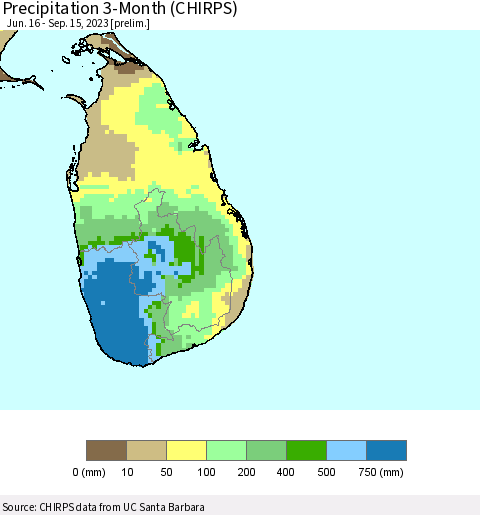 Sri Lanka Precipitation 3-Month (CHIRPS) Thematic Map For 6/16/2023 - 9/15/2023