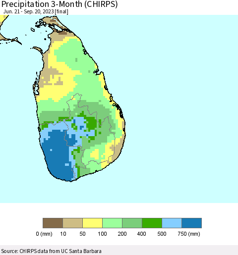 Sri Lanka Precipitation 3-Month (CHIRPS) Thematic Map For 6/21/2023 - 9/20/2023