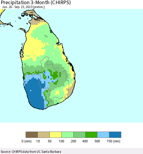 Sri Lanka Precipitation 3-Month (CHIRPS) Thematic Map For 6/26/2023 - 9/25/2023