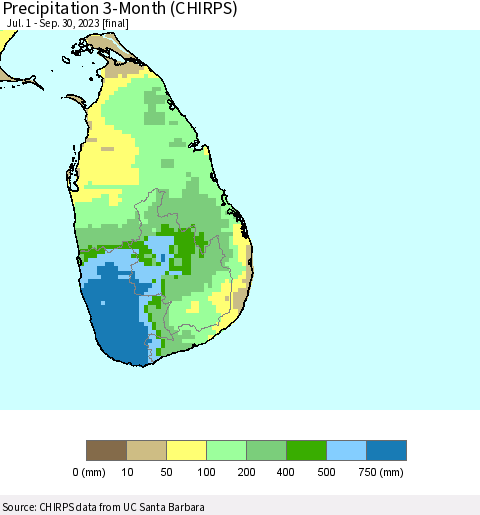 Sri Lanka Precipitation 3-Month (CHIRPS) Thematic Map For 7/1/2023 - 9/30/2023
