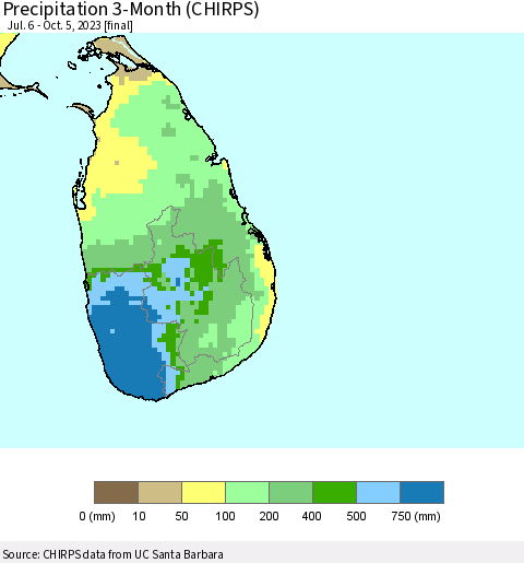 Sri Lanka Precipitation 3-Month (CHIRPS) Thematic Map For 7/6/2023 - 10/5/2023