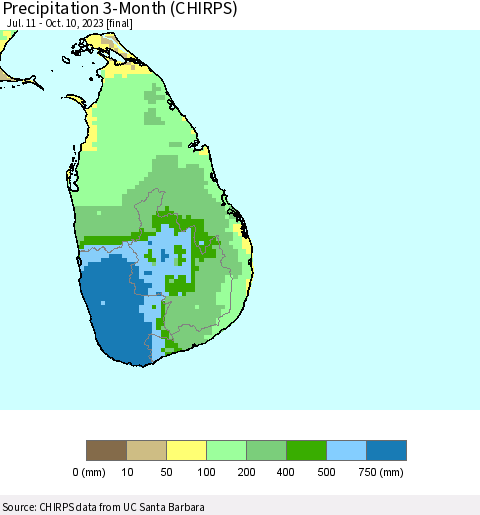 Sri Lanka Precipitation 3-Month (CHIRPS) Thematic Map For 7/11/2023 - 10/10/2023