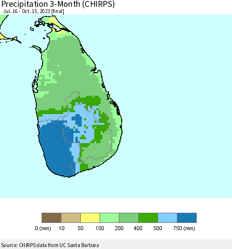 Sri Lanka Precipitation 3-Month (CHIRPS) Thematic Map For 7/16/2023 - 10/15/2023