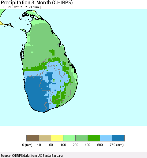 Sri Lanka Precipitation 3-Month (CHIRPS) Thematic Map For 7/21/2023 - 10/20/2023