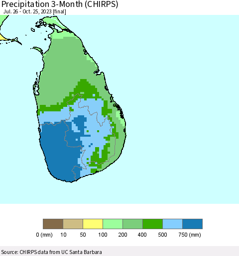 Sri Lanka Precipitation 3-Month (CHIRPS) Thematic Map For 7/26/2023 - 10/25/2023