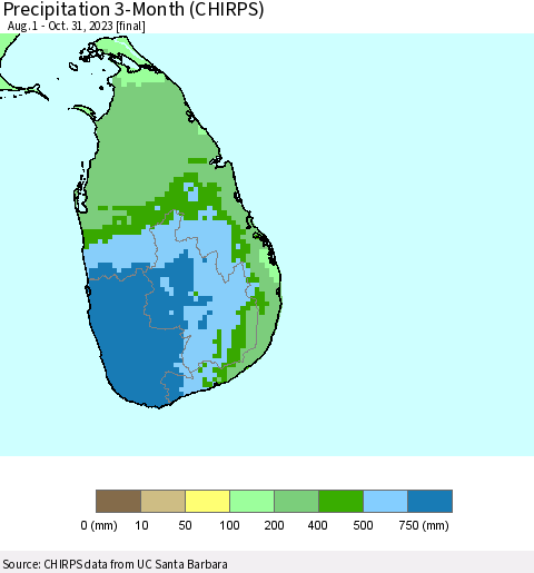Sri Lanka Precipitation 3-Month (CHIRPS) Thematic Map For 8/1/2023 - 10/31/2023