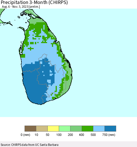 Sri Lanka Precipitation 3-Month (CHIRPS) Thematic Map For 8/6/2023 - 11/5/2023