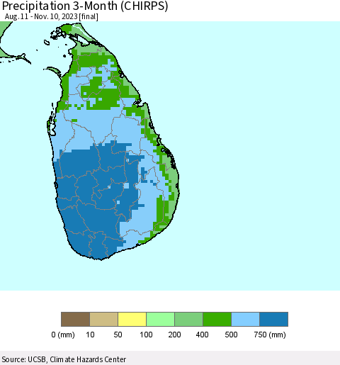 Sri Lanka Precipitation 3-Month (CHIRPS) Thematic Map For 8/11/2023 - 11/10/2023