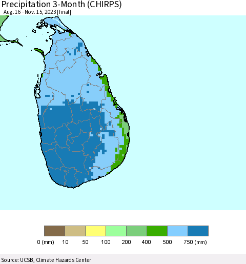 Sri Lanka Precipitation 3-Month (CHIRPS) Thematic Map For 8/16/2023 - 11/15/2023