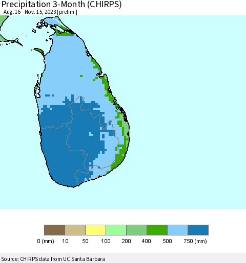 Sri Lanka Precipitation 3-Month (CHIRPS) Thematic Map For 8/16/2023 - 11/15/2023