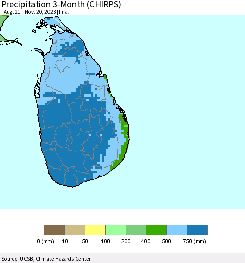 Sri Lanka Precipitation 3-Month (CHIRPS) Thematic Map For 8/21/2023 - 11/20/2023
