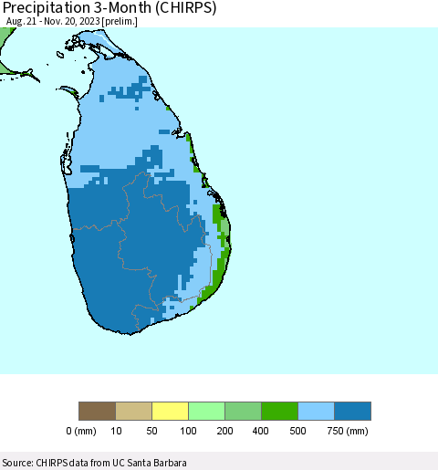 Sri Lanka Precipitation 3-Month (CHIRPS) Thematic Map For 8/21/2023 - 11/20/2023