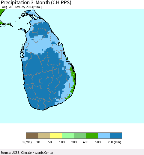 Sri Lanka Precipitation 3-Month (CHIRPS) Thematic Map For 8/26/2023 - 11/25/2023