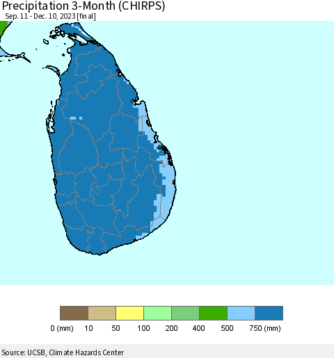 Sri Lanka Precipitation 3-Month (CHIRPS) Thematic Map For 9/11/2023 - 12/10/2023