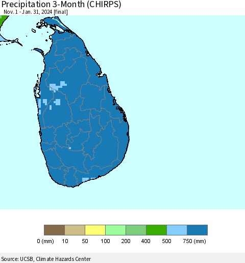 Sri Lanka Precipitation 3-Month (CHIRPS) Thematic Map For 11/1/2023 - 1/31/2024