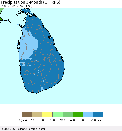 Sri Lanka Precipitation 3-Month (CHIRPS) Thematic Map For 11/6/2023 - 2/5/2024