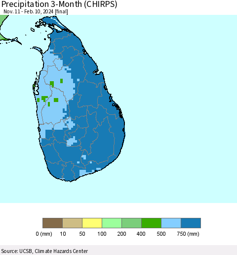 Sri Lanka Precipitation 3-Month (CHIRPS) Thematic Map For 11/11/2023 - 2/10/2024
