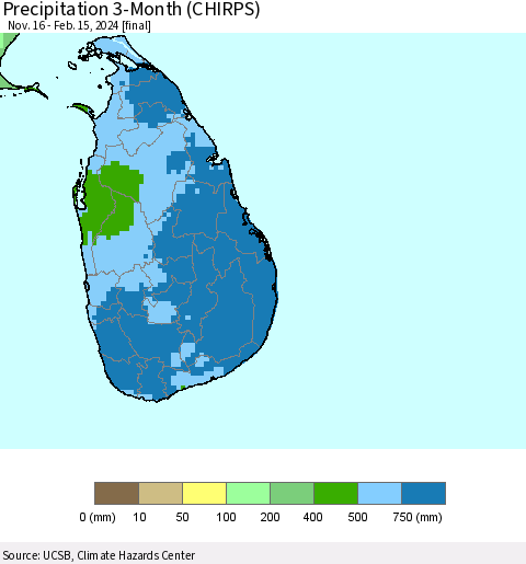 Sri Lanka Precipitation 3-Month (CHIRPS) Thematic Map For 11/16/2023 - 2/15/2024