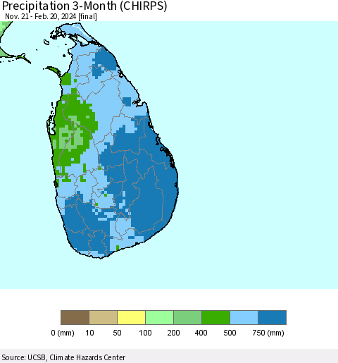 Sri Lanka Precipitation 3-Month (CHIRPS) Thematic Map For 11/21/2023 - 2/20/2024