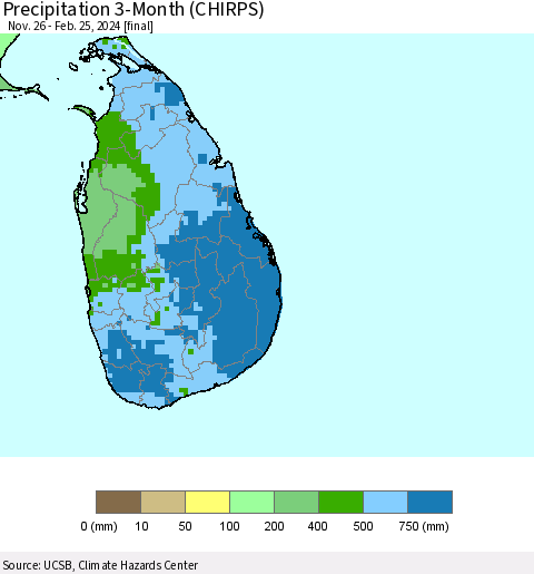 Sri Lanka Precipitation 3-Month (CHIRPS) Thematic Map For 11/26/2023 - 2/25/2024