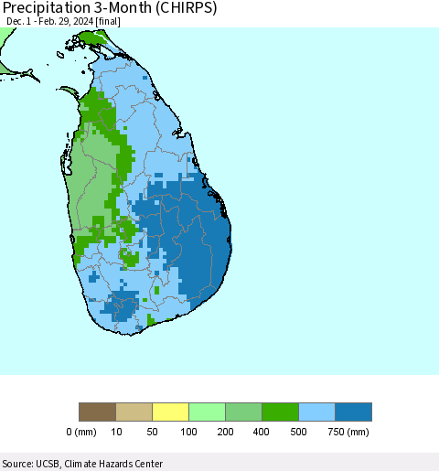 Sri Lanka Precipitation 3-Month (CHIRPS) Thematic Map For 12/1/2023 - 2/29/2024