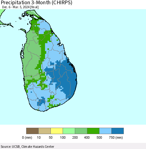 Sri Lanka Precipitation 3-Month (CHIRPS) Thematic Map For 12/6/2023 - 3/5/2024