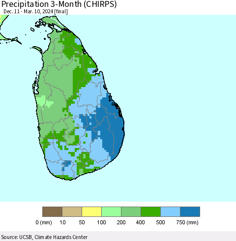 Sri Lanka Precipitation 3-Month (CHIRPS) Thematic Map For 12/11/2023 - 3/10/2024
