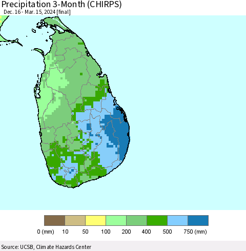 Sri Lanka Precipitation 3-Month (CHIRPS) Thematic Map For 12/16/2023 - 3/15/2024